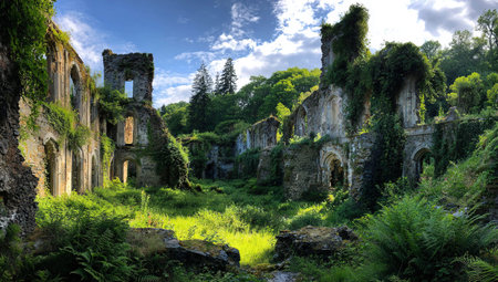 Overgrown ruins of an ancient stone abbey in lush forest