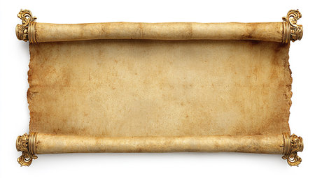 Antique parchment scroll with golden finialsの写真素材