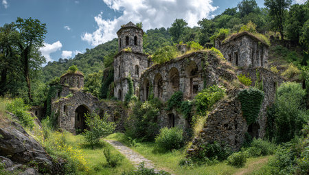 Overgrown stone ruins of an ancient monastery in the mountainsの写真素材