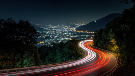 Night cityscape winding road light trailsの写真素材
