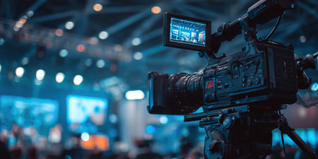 Professional video camera filming event in large venueの写真素材