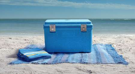 Blue cooler on beach blanket with ocean viewの写真素材