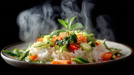 Steaming hot vegetable rice dish with fresh herbsの写真素材
