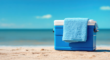 Blue cooler with towel on sandy beach summer vacationの写真素材