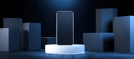 Modern smartphone mockup on minimalist blue platform