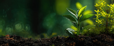 New life sprouting in rich soil with green backgroundの写真素材