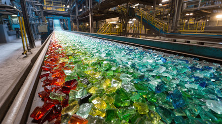 Colorful glass fragments on conveyor belt in factoryの写真素材