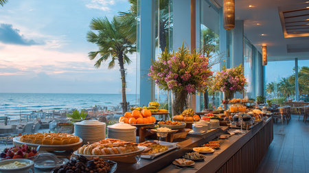 Oceanfront tropical hotel breakfast buffet