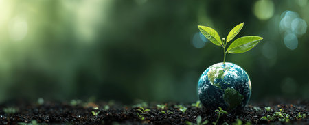 New plant sprouting from earth globe in soil