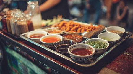 Assorted dipping sauces with fried food at a market stallの写真素材