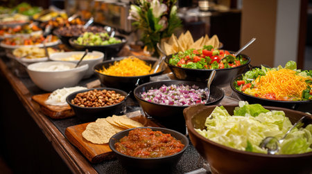Taco bar buffet with various toppings and salads