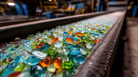 Colorful glass pieces on conveyor belt in factoryの写真素材