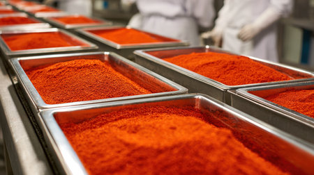 Red chili powder production line in factoryの写真素材
