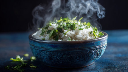 Steaming cilantro rice in a blue bowlの写真素材