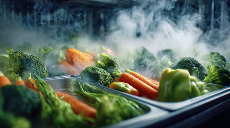 Steaming fresh vegetables in commercial kitchenの写真素材