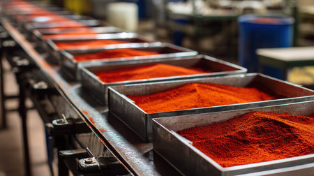 Red chili powder conveyor belt in factoryの写真素材