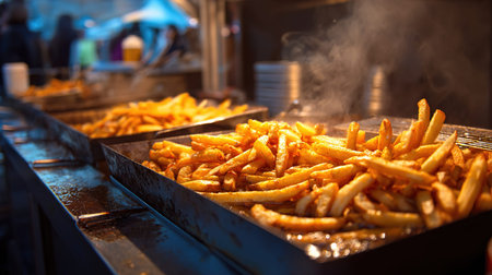 Golden french fries cooking at a food standの写真素材