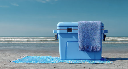 Blue cooler and towels on sandy beachの写真素材