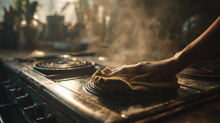 Cleaning a vintage electric stovetop with a clothの写真素材