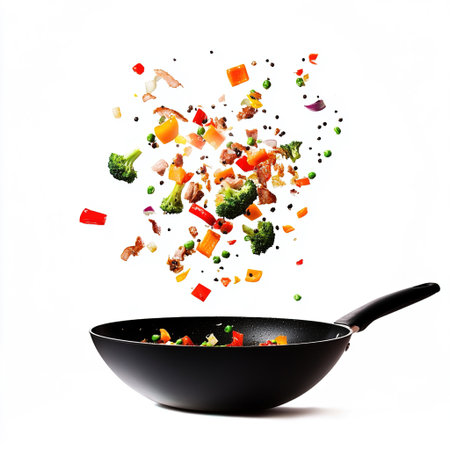 Frying pan with flying vegetables and meat, isolated on white backgroundの写真素材