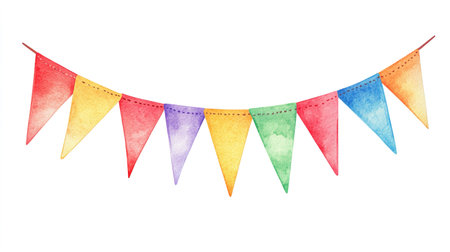 Watercolor bunting flags. Hand painted illustration isolated on white background.の写真素材
