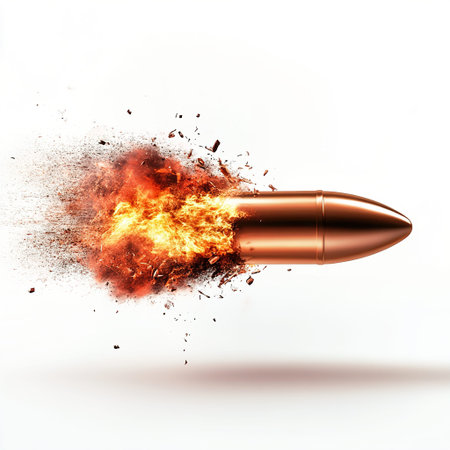 Bullet with a trail of fire and smoke on a white background