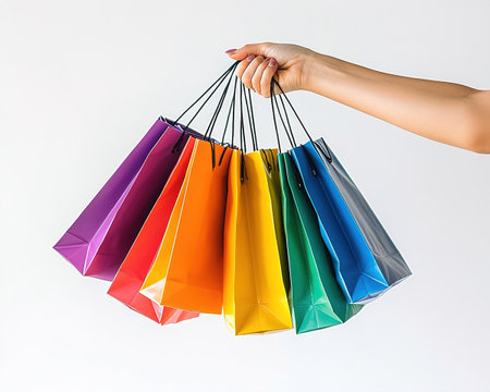 Female hand holding colorful shopping bags isolated on white background. Shopping conceptの写真素材
