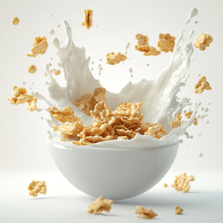 milk splash out of a bowl with cornflakes on white backgroundの写真素材