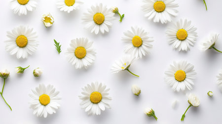 Beautiful chamomile flowers on white background, top view