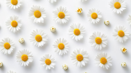 chamomile flowers on white background. Flat lay, top viewの写真素材