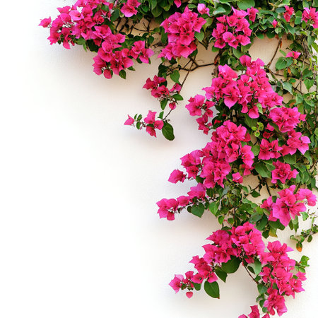 Pink bougainvillea flowers on white wall background with copy spaceの写真素材