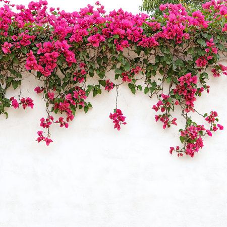 Pink bougainvillea flowers on a white wall with copy spaceの写真素材