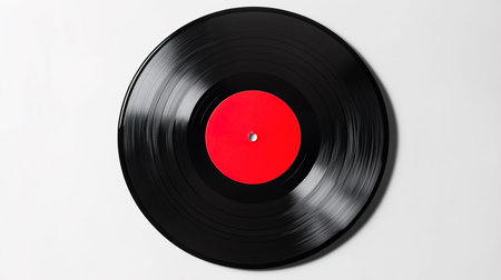 Black vinyl record with red label on white background. Top view.