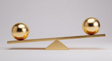 Golden balance scale with two equal spheresの写真素材