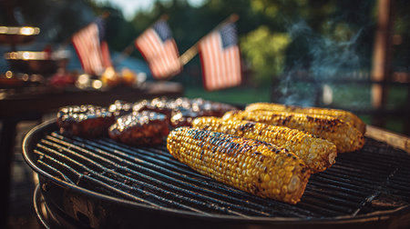 Grilled corn on the cob and steaks at a summer bbqの写真素材