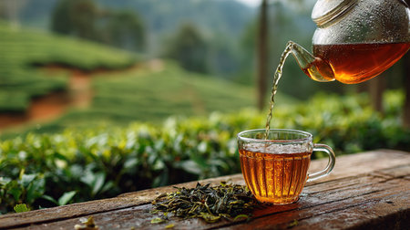 Pouring tea in glass cup with tea leaves and plantation backgroundの写真素材
