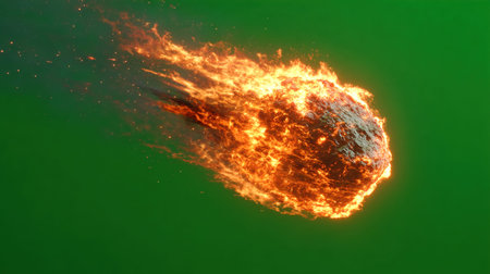 Fiery meteoroid falling through green screen