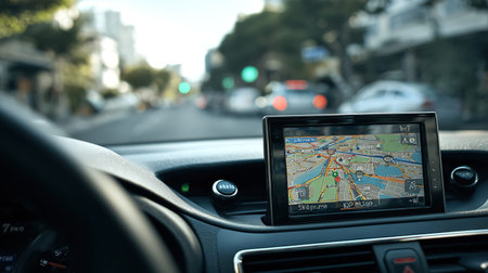 Modern car navigation system displaying city map