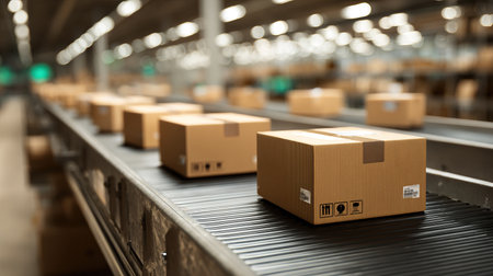 Cardboard boxes moving on conveyor belt in warehouseの写真素材