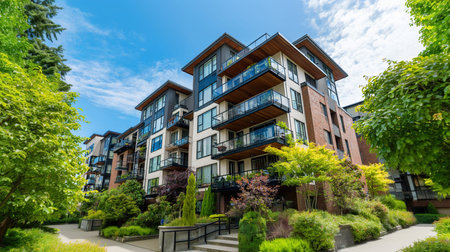 Modern apartment building with lush landscaping