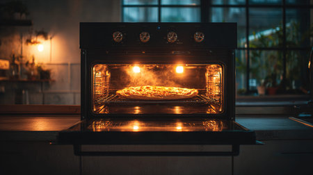 Delicious pizza baking in modern oven at night