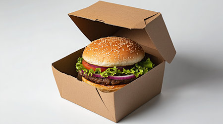 Hamburger in a cardboard box on a white background. 3d renderingの写真素材
