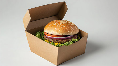 Hamburger in a cardboard box on a gray background. 3d renderingの写真素材