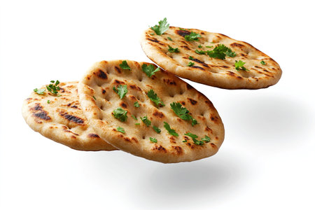 Indian naan bread with parsley isolated on a white background.
