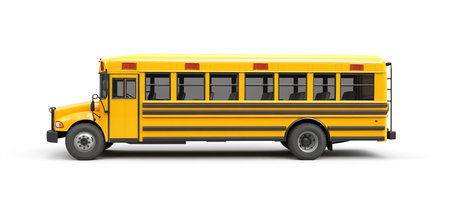 Yellow school bus on a white background with shadow. 3d rendering