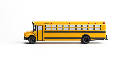 Yellow school bus on a white background. 3d rendering. Side view.