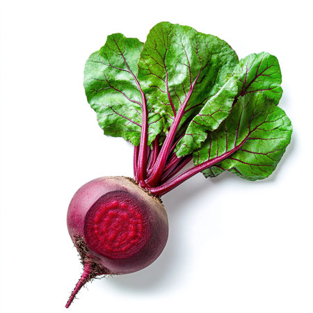Beetroot with leaves isolated on white background. Top view.