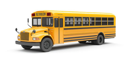 School bus on a white background. 3d rendering. Side view.