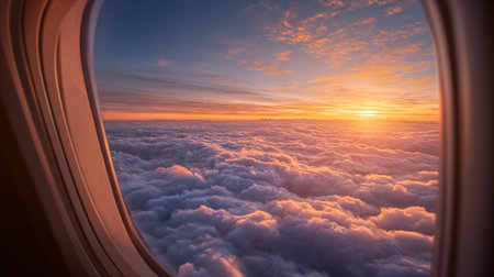 Airplane window view sunrise above cloudscape