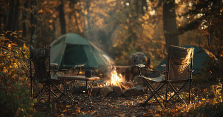 Campfire scene with folding chairs and tents in autumn woodsの写真素材